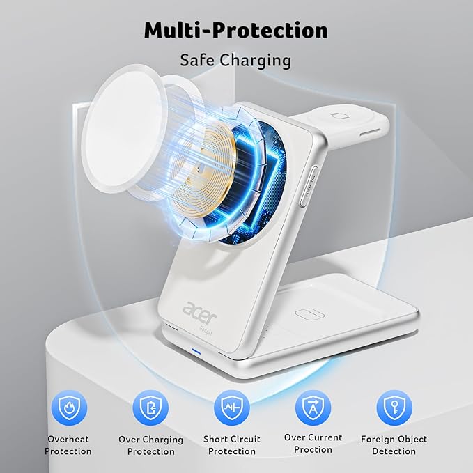 Acer 3 in 1 Charging Station for iPhone, Wireless Charger Stand,15W Fast MagSafe Charger for iPhone 17 16 15 14 13 12 Series-Apple Watch 11 10 9 8 7 6 5 4 3 2 SE and Ultra Series-Airpods 4 3 2 Pro