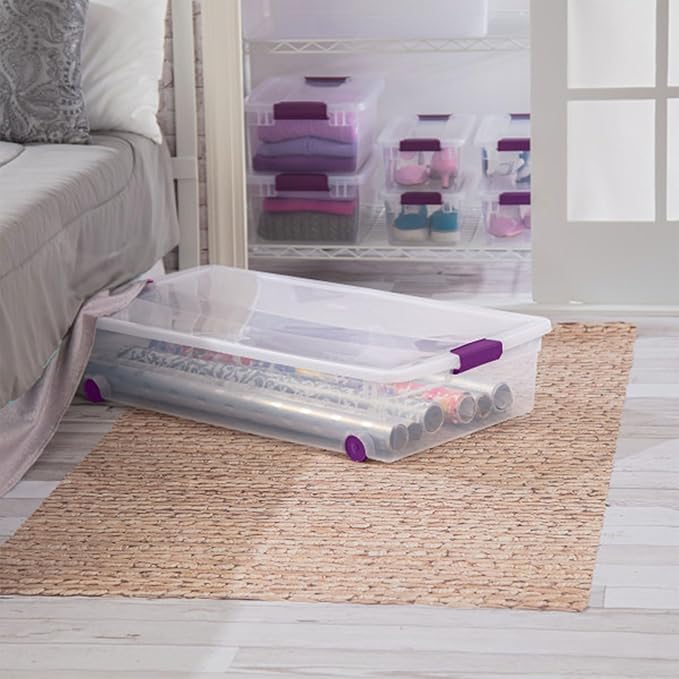 Sterilite 60 Qt ClearView Latch Wheeled Underbed Storage Box, Stackable Bin with Lid, Plastic Container to Organize Underbed, Clear Base, Lid Sweet Plum (Pack of 4)