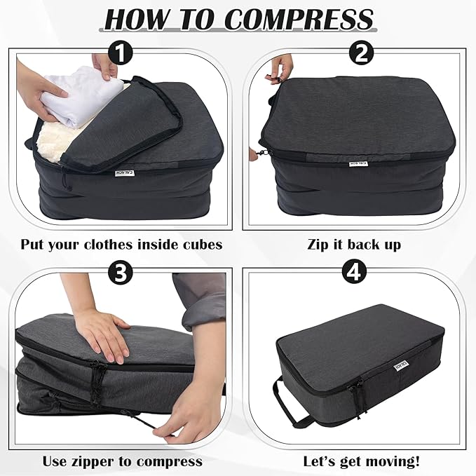 Compression Packing Cubes for Travel Essentials, 4 Set Expandable Travel Cubes for Packing Compression Bags Luggage Suitcase Organizer, Black