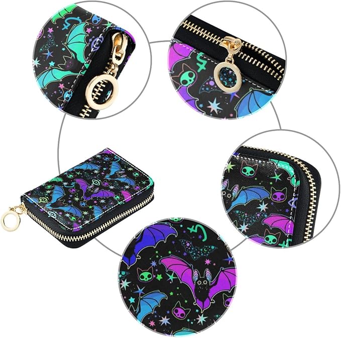 Magic Bat RFID Credit Card Holder Wallets Accordion for Women Leather Zipper Card Case Accordion Wallet for Ladies Girls