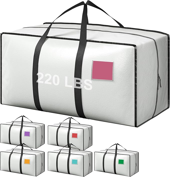 6 Pack Moving Bags Heavy Duty 210GSM with Full-Open Side Zipper, 93L 65lbs Waterproof Foldable Storage Totes for College Dorm Move-In, Moving Boxes Alternative & Home Organization,White