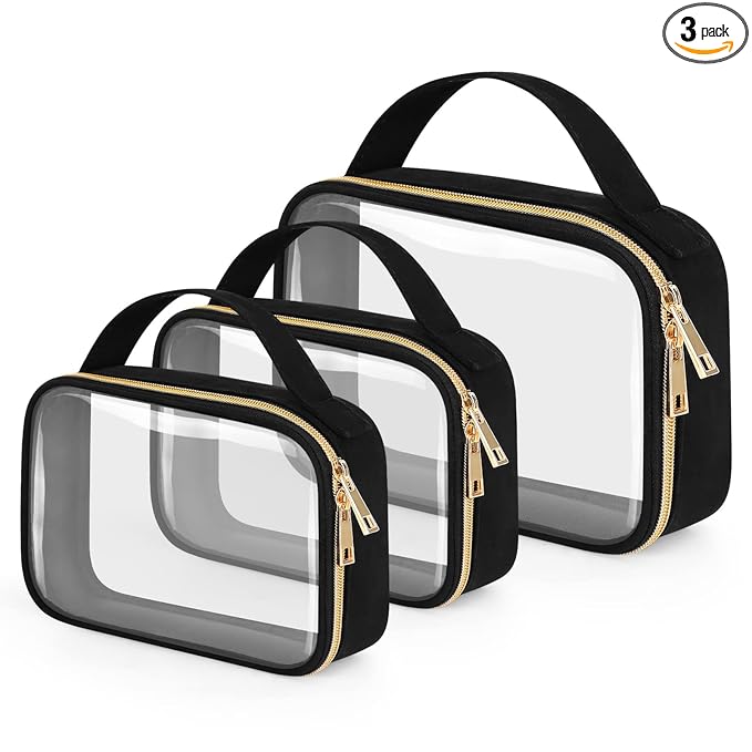 Wedama Clear Toiletry Bag, 3 Pack Clear Makeup Bags with Handles, PVC Cosmetic Bags for Women and Men, Large Opening Toiletry Bags, Black