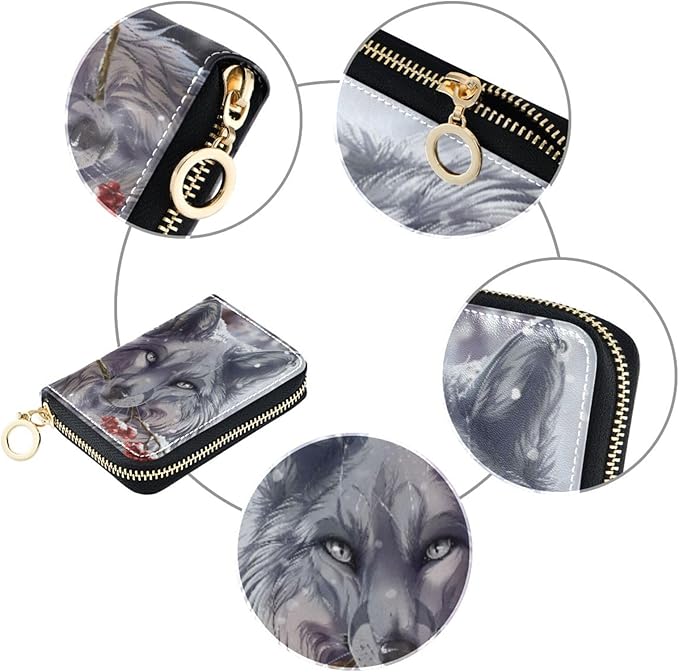 Wolf RFID Credit Card Holder Wallets Accordion for Women Leather Zipper Card Case Accordion Wallet for Ladies Girls