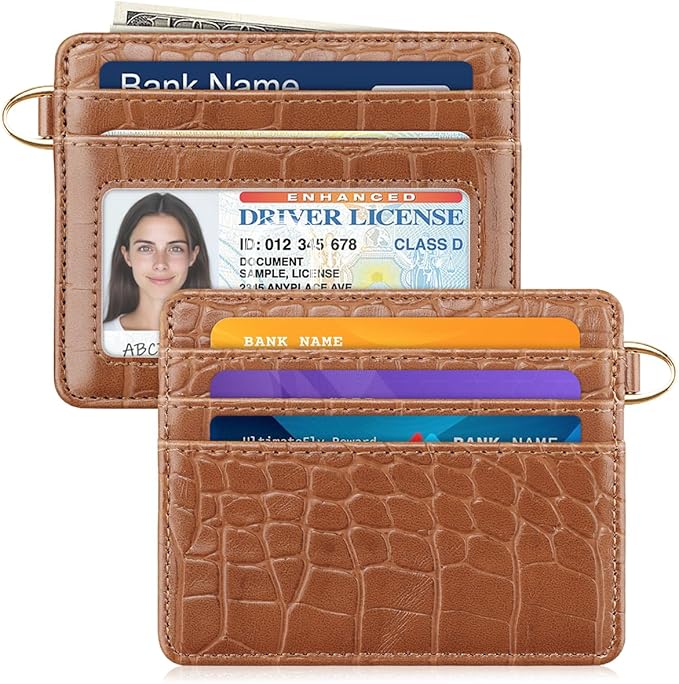 Slim Credit Card Holder Crocodile Wallet Women Thin Alligator Wallets RFID Blocking Minimalist Lightweight Small Cute Cards Holders with ID Window, Brown