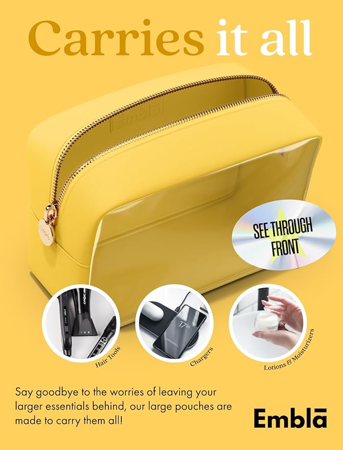 Embla Clear Large Makeup Bag Cute Big Make Up Nylon Pouches Travel Bathroom Bags for Toiletries XL Cosmetic Pouch for Women Girls Extra Large Zipper Toiletry Skincare Organizer Yellow