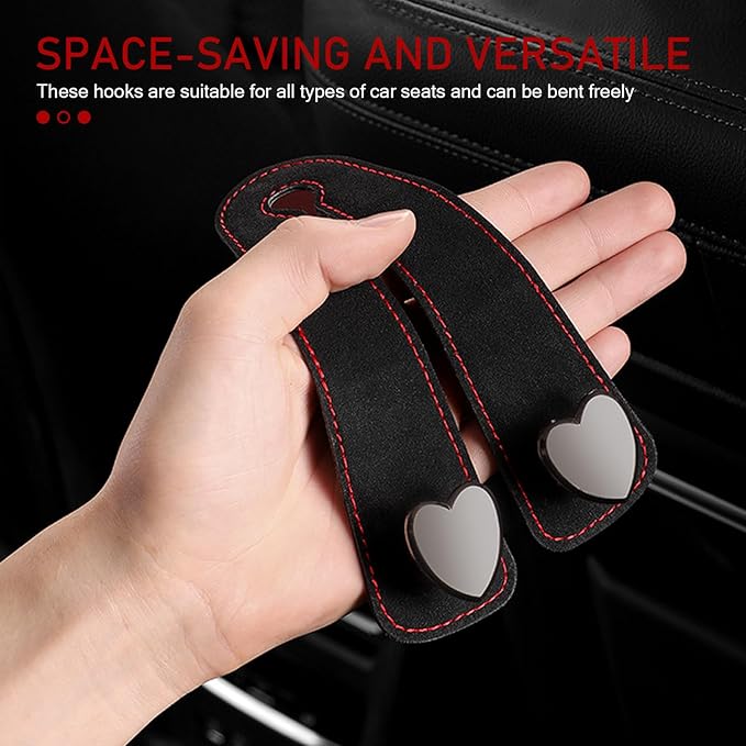 Car Seat Headrest Hook, 2 PCS Universal Black Heart-Shaped Metal + Soft Storage Hooks for Backpack, Grocery, Phone