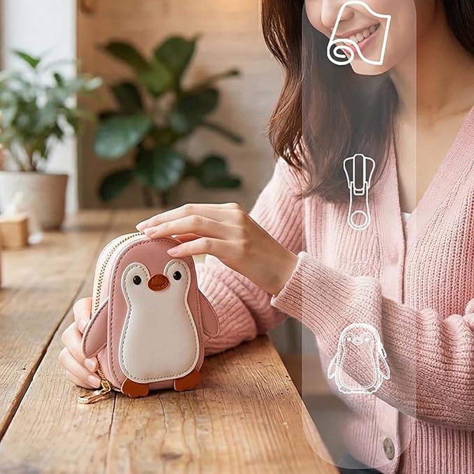 Cute Cartoon Penguin-shaped Coin Purse PU Leather Accordion Card Holder Large Capacity Zippered Money and Card Organizer Portable Mini Coin Purse (Purple)