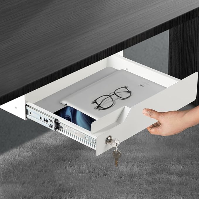 Under Desk Drawer Storage with Lock, Metal Undermount Table Drawer, Ball Bearing Slides Out Tray Organizer for Paper, Pencil, and Laptop 16"x11.8"x3.6", White