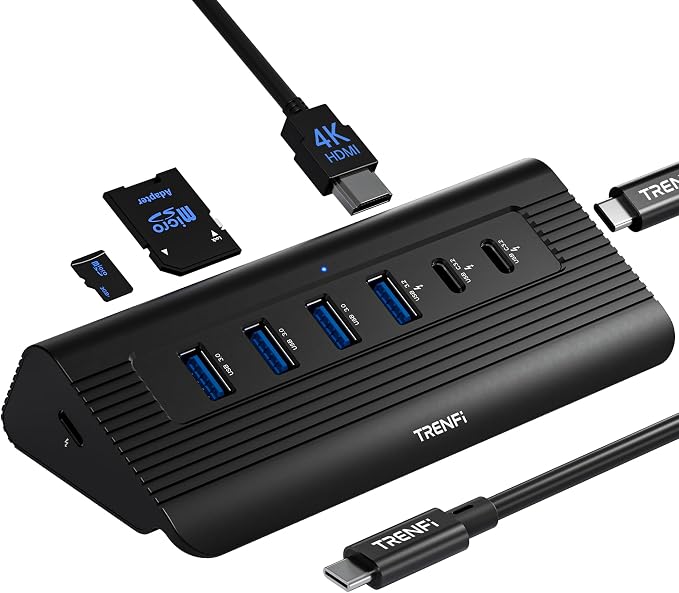 TRENFI 10-in-1 Aluminum USB C Hub with Detachable Cable | USB 3.2 Gen2 10Gbps, 4K 60Hz HDMI, 100W PD Charging, SD/TF Reader for Laptop, M1-M5 MacBook Pro/Air, Mac mini (Black)