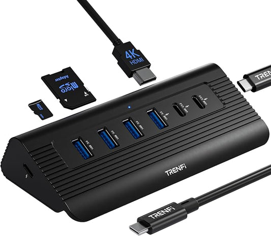 TRENFI 10-in-1 Aluminum USB C Hub with Detachable Cable | USB 3.2 Gen2 10Gbps, 4K 60Hz HDMI, 100W PD Charging, SD/TF Reader for Laptop, M1-M5 MacBook Pro/Air, Mac mini (Black)