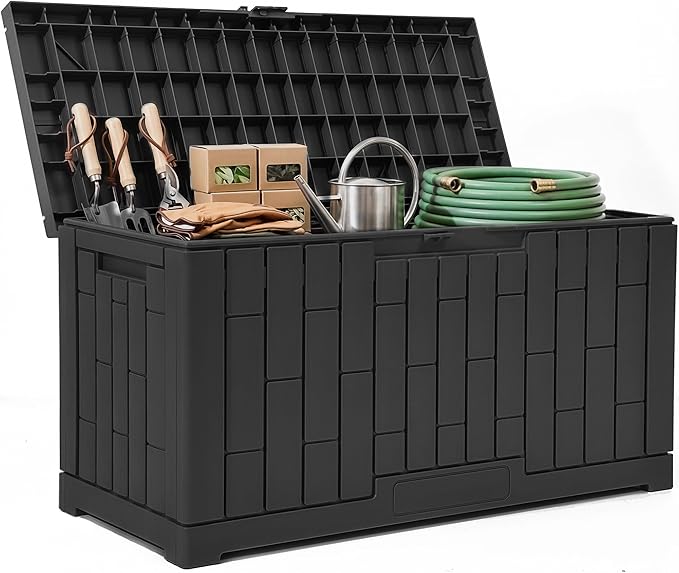 YITAHOME 60 Gallon Outdoor Storage Box, Waterproof Resin Deck Box with Slide-Locking Lid, Patio Storage Bin and Bench Seat for Patio Furniture, Garden Tools and Pool Accessories, Black