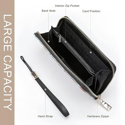 Clutch Wallet Holder for Women Men Beautiful Red Blue Butterfly And Leaves Portable Accordion Zipper Credit Card Storage Bag Waterproof Purse Leather Wallet for Travel Work Shopping