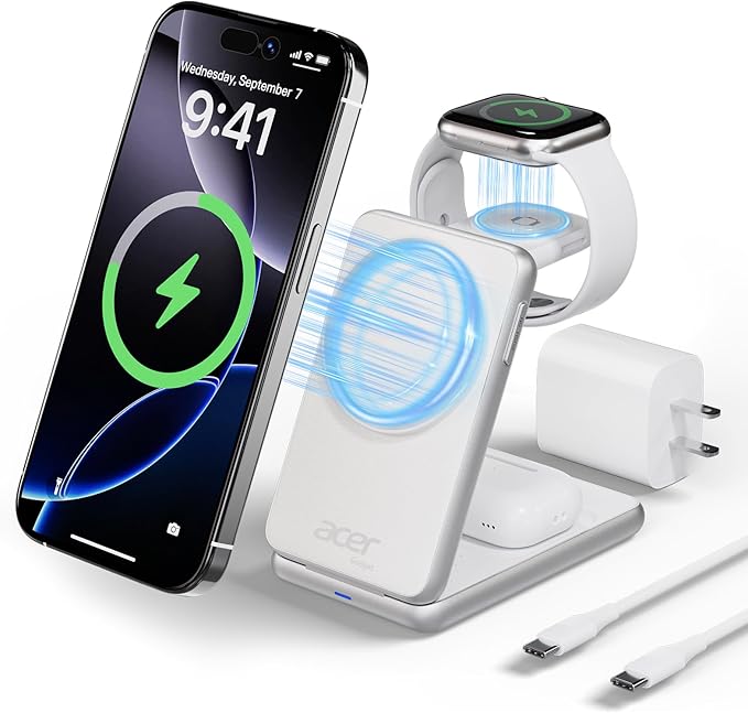 Acer 3 in 1 Charging Station for iPhone, Wireless Charger Stand,15W Fast MagSafe Charger for iPhone 17 16 15 14 13 12 Series-Apple Watch 11 10 9 8 7 6 5 4 3 2 SE and Ultra Series-Airpods 4 3 2 Pro