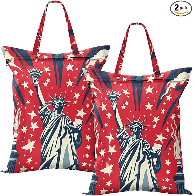 Travel Laundry Bags 2 PC Wet Dry Bag with Handle Dirty Clothes Organizer for Swimsuits Beach Camping Waterproof Washable July 4th Statue Of Liberty Red