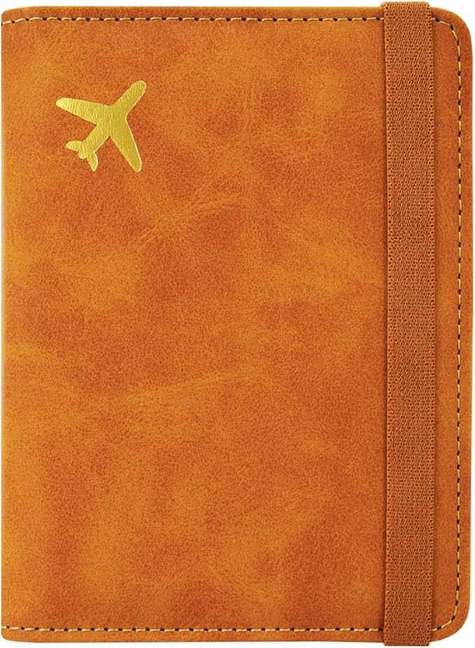 ACdream Passport and Vaccine Card Holder Combo, Cover Case with CDC Vaccination Card Slot, Leather Travel Documents Organizer Protector, with RFID Blocking, for Women and Men, C - Yellow & Plane, C