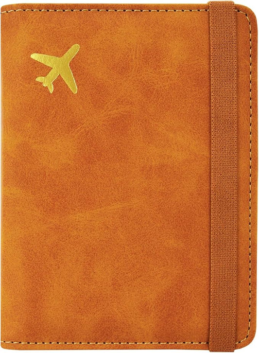ACdream Passport and Vaccine Card Holder Combo, Cover Case with CDC Vaccination Card Slot, Leather Travel Documents Organizer Protector, with RFID Blocking, for Women and Men, C - Yellow & Plane, C