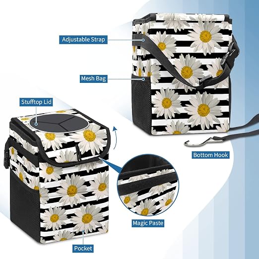 White Black Striped Daisy Car Trash Can with Lid Collapsible Reusable Waterproof Car Garage Bag,Automotive Garbage Can,Car Accessories Interior Car Organizer