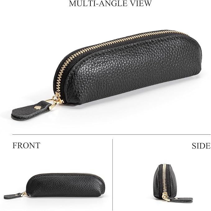 Full Grain Leather Coin Pouch - Travel Small Coin Purse with Zipper - Mini Key Pouch Change Purse for Women and Men (Black, Large Size)