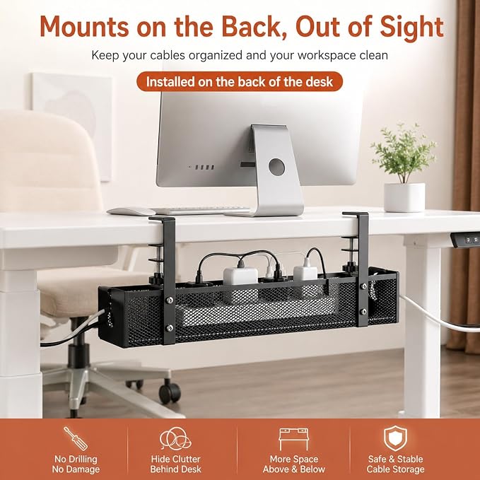 Adjustable No-Drill Under-Desk Cable Organizer Clamp On Metal Mesh Tray Cord Wire Management Basket Power Strip Holder Rack for Home Office Computer Standing Desk Accessories(Black,Medium)