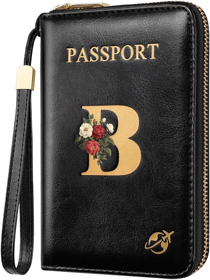 Passport Holder Cover Wallet with Zipper Personalized Initial Letter B Rose Flower RFID Blocking Travel Wallets Credit Cards Holder for Women, Gift for Wife and Girlfriend,B