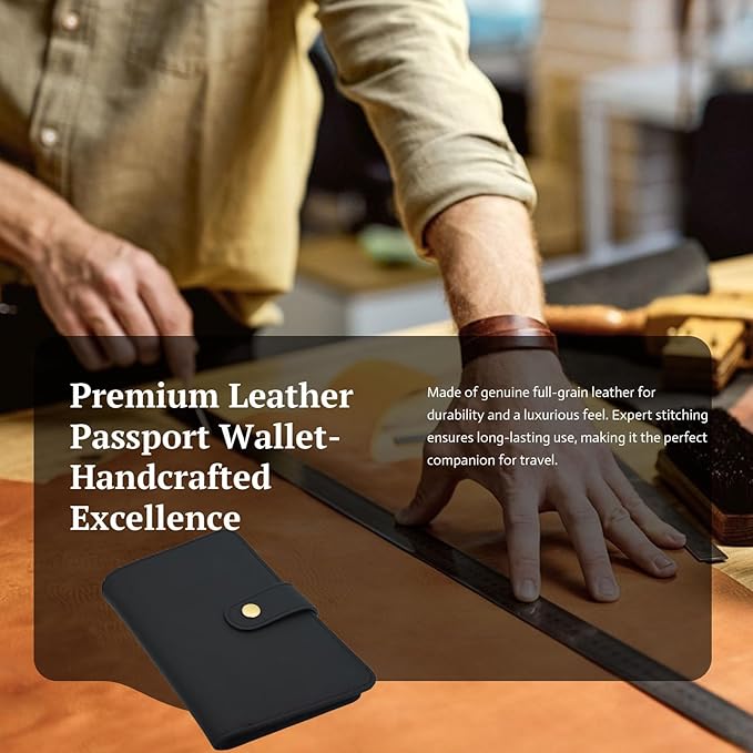 Genuine Leather Passport Wallet, RFID Blocking Passport Holder with Tracker Slot, All in One Travel Wallet for Women/Men, Secure Passport Cover Case for Airport Essentials (Black)