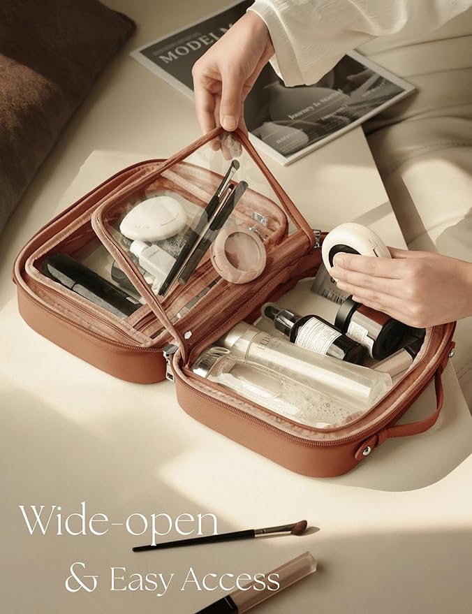 Clear Cosmetic Bag Double Layer Travel Toiletry Bag Clear Makeup Bag Case with 4 Compartments, Transparent Travel Bag for Toiletries, Large Toiletry Bag for Women Cosmetic Case (Brown, Large)