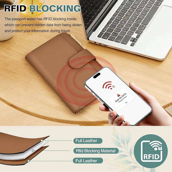 Passport Holder for Travel, Leather Passport Wallet with Airtag Slot, RFID Blocking Travel Wallet for Women Men, Passport Cover with Air Ticket Card Cash Coin Pocket, Travel Essentials Gift
