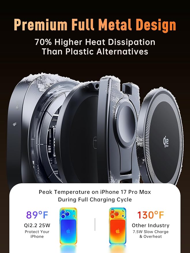 REWONDER Qi2.2 25W Magnetic 3-in-1 Wireless Charger, Foldable Aluminum Charging Stand for iPhone 17/16/15, Pixel, Apple Watch & AirPods, Strong Magnet Stable Base,Travel Charger (Adapter Not Included)