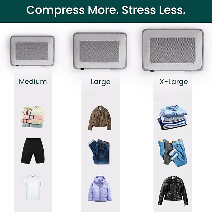 NOBL Travel Compressible Packing Cubes Set, 6 Pieces Travel Packing Organizers, Compression Luggage Cubes for Suitcases & Carry On, Space Saving (XXS, XS, S, M, L, XL) - Silver