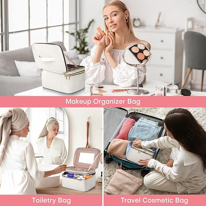 HXLGMD Large Makeup Bag with Mirror Double Layer Travel Make Up Organizer Case, Large Capacity Coemetic with Brush Slot Divider, Travel Toiletry Bag for Women - White/Beige