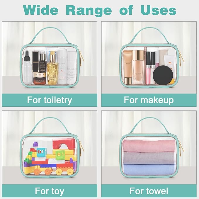 Wedama TSA Approved Toiletry Bag, 2 Pack Clear Makeup Bags with Handles, Quart Size PVC Clear Cosmetic Bags for Women and Men, Carry on Airport Airline Compliant Bag, Cyan Green