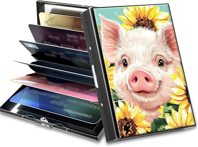 Slim Credit Card Holder, Pig Sunflowers RFID Blocking Metal Wallet for Men & Women, Aluminum Minimalist Hard Case Pocket-Sized Business Cards Organizer (Fits Up to 10 Cards)