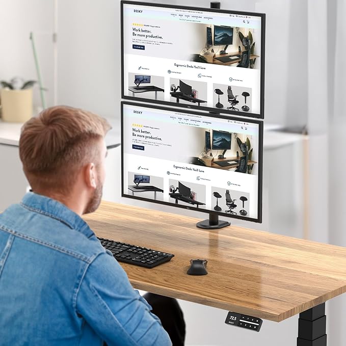 Desky Eco Stacked Arm ??Flexible Stand for 17??2'' Screens ??Space-Saving Desk Mount for 2 Displays ??VESA-Compatible Ergonomic Setup - Black
