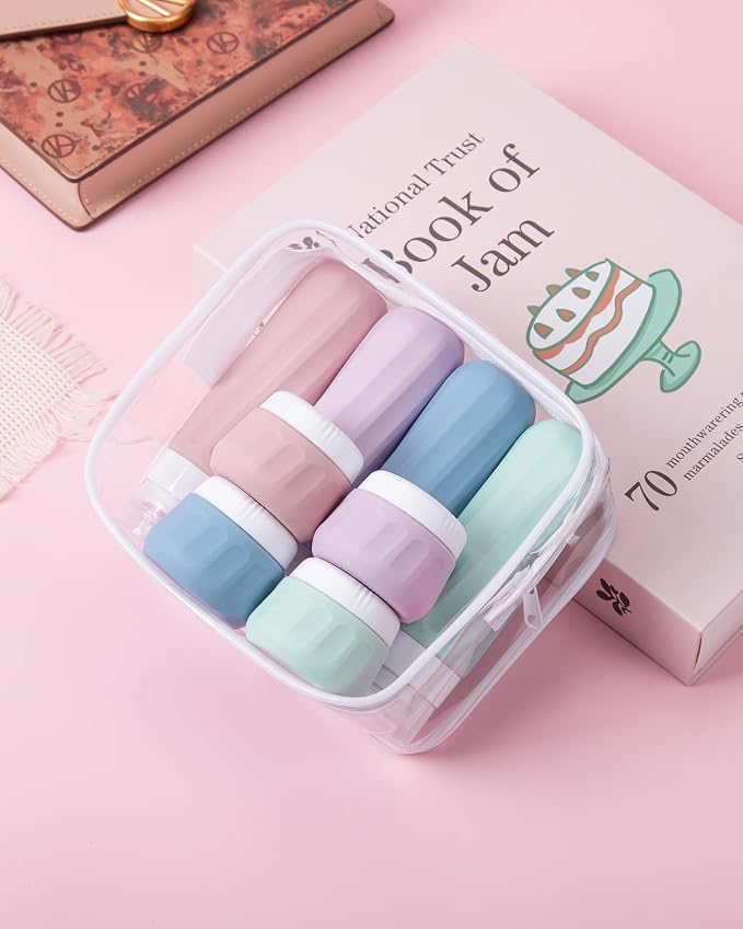 Mrsdry Travel Bottles for Toiletries 8 Pack, Travel Size Toiletries, Tsa Approved Travel Size Containers 3oz, with Travel Essentials Clear Bag, Leak Proof Silicone Squeezable Creams Jars