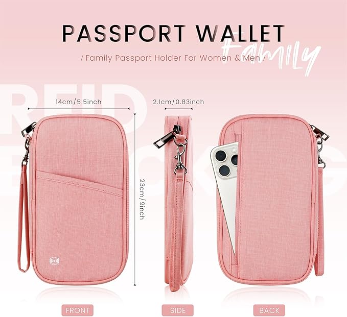 Passport Holder Family, Travel Document Organizer with RFID, Portable Passport Cover Case with Zipper for Cards, Boarding Pass, ID, Money, Tickets (Pink)