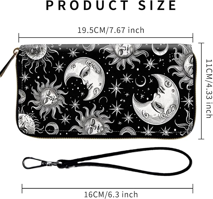 Wallet,Leather Long Wallet Suitable For Ladies And Teenagers - Detachable Wristband + RFID Travel Wallet With Card Slot - Vintage Sun Moon Stars