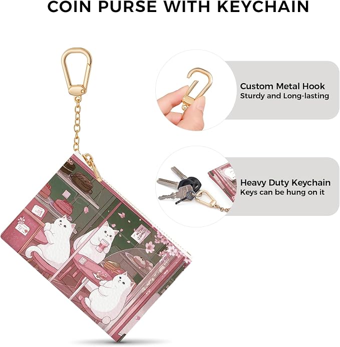 Cute Japanese Cats Keychain Coin Purse for Women, Small PU Leather Change Pouch, Zipper Little Tiny Travel Wallet for Girls, Cute Kawaii Zip Pocket Coin Holder with Key Ring