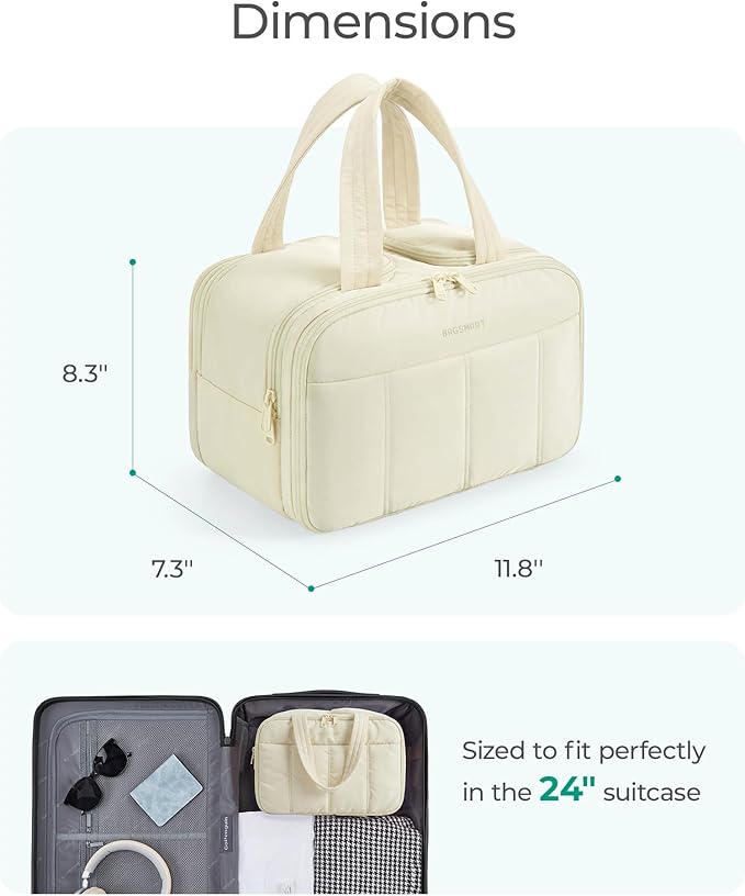 BAGSMART Travel Toiletry Bag, Puffy Large Toiletry Bag for Women, Lightweight Cosmetic Makeup Bag Organizer with Handle for Traveling, Accessories, Essentials, Toiletries （Beige