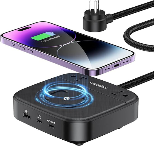 GaN Multi Charging Station 67W, 6-in-1 iPhone Charger Station with USB Ports, Wireless Charging, 2× AC Outlets, Desktop/Bedside/Nightstand Power Station, Hotel-Grade Design, Black