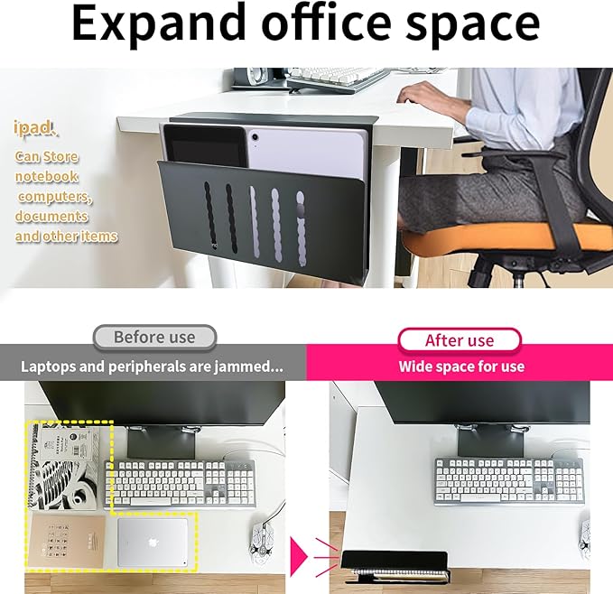 Desk Side Storage, Under Desk Storage, No Drill Steel Hanging Desk Organizer, Laptop Holder, Desk Storage Holder for Office & Home.(Black)