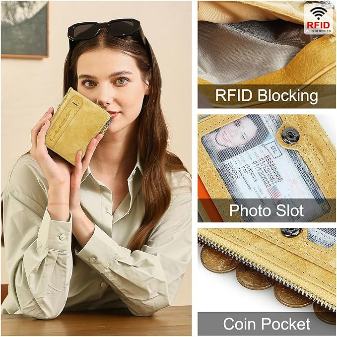 CONTACTS Soft Leather Wallet for Women Small Bifold Coin Purse Double Zipper Card Holder with RFID Blocking (Yellow)