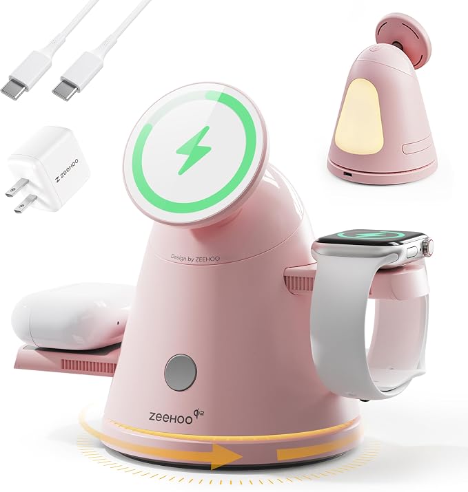 ZEEHOO 3 in 1 Charging Station for Apple Devices,Qi2 Mag-Safe Charger Stand&Light,Fast Wireless Charging Station for iPhone 17/16/15/14/13/12&AirPods&iWatch &Pixel 10&Samsung Galaxy Watch,30W Adapter