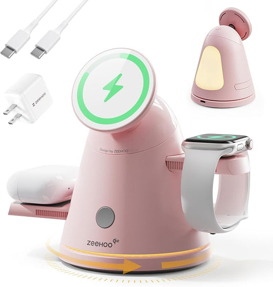 ZEEHOO 3 in 1 Charging Station for Apple Devices,Qi2 Mag-Safe Charger Stand&Light,Fast Wireless Charging Station for iPhone 17/16/15/14/13/12&AirPods&iWatch &Pixel 10&Samsung Galaxy Watch,30W Adapter