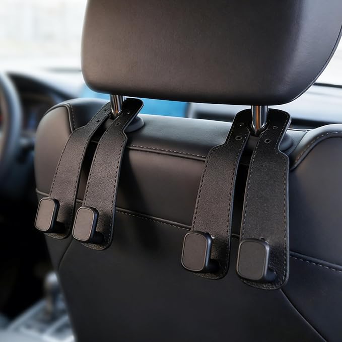 Chikoni Headrest Hooks for Car, 2 Pack Twin Hook Leather Car Seat Headrest Hangers, Luxurious Heavy-Duty 100% Metal Purse & Bag Holder, Seat Back Storage Organizer for Travel, Black