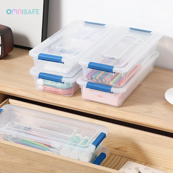 Plastic Storage Bin with Lid, Stackable Design, Clip Box for Crafts, Supplies and Office Items Container (8 Pack 4 Quart Blue)