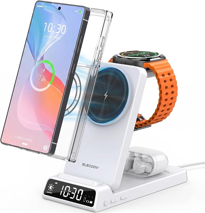 Magnetic Wireless Charger for Samsung, 3 in 1 Android Charging Station for Galaxy S26 Ultra/S25 Ultra/Z Fold/Flip, Galaxy Watch 8/8 Classic/Ultra, Buds 4, Nightstand Bedside Stand (with Adapter)