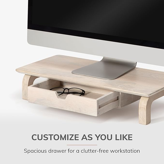Anji Mountain Monitor Stand - Desktop Organizer & Laptop Riser, Ergonomic Monitor Riser, Space-Saving Monitor Stand for Desk, Durable Construction, Easy Assembly, Ideal for Home & Office,White Wash