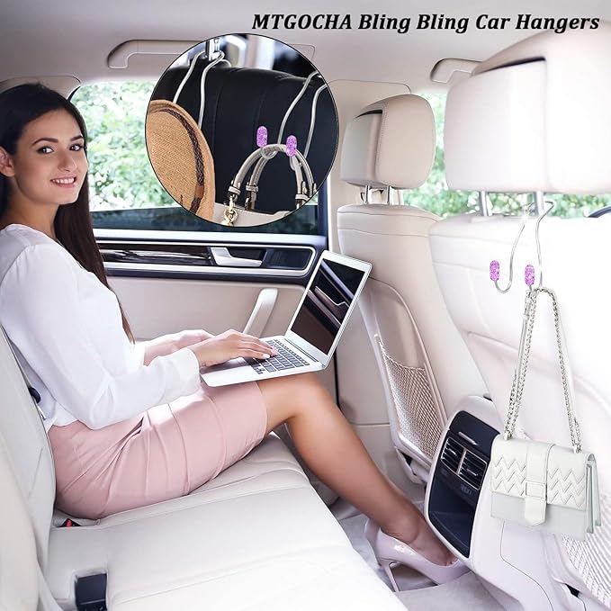 MTGOCHA Car Headrest Hooks Car Purse Hook(2 Pack),Bling Car Bag Hooks, Car Hook for Purses and Bags Cute Metal Car Purse Holder Hook, Bling Car Accessories for Women, Light Purple