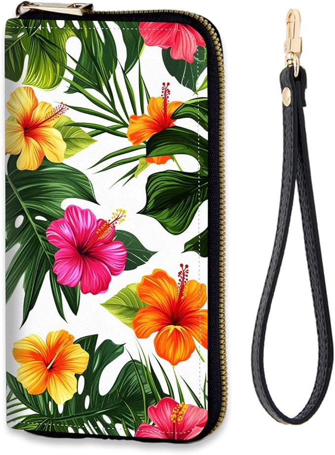 Women's RFID Blocking Zip Around Wallet with Detachable Wrist Strap, Large Capacity Credit Card Holder Organizer for Everyday Use,Tropical Hibiscus Pattern