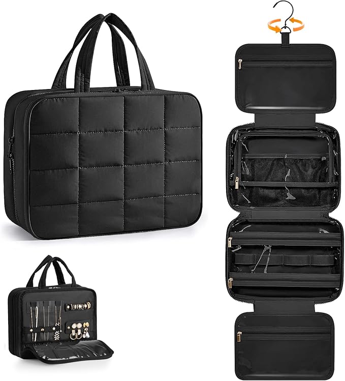 Travel Toiletry Bag with Separate Jewelry Organizer, Water-resistant Makeup Bag with Hanging Hook, Large Capacity Travel Organizer for Toiletries, Cosmetic, Vacation Essentials - Large